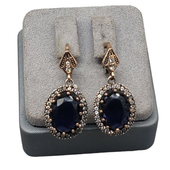 Victorian Style Sterling Dangling Clip On Earrings Blue Glass Center Clear Halo - Picture 1 of 16